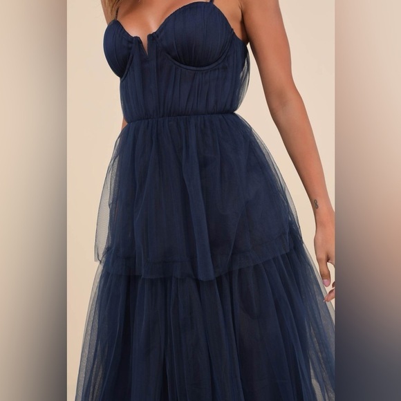 LULU’S Unforgettable Poise Navy Blue Tulle Bustier Tiered Maxi Dress - Picture 2 of 7